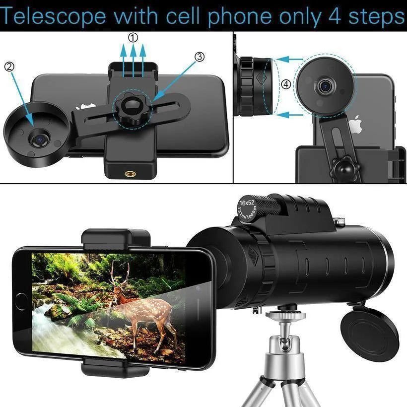 Monocular Zoom Telescope with Compass & Phone Tripod Clip