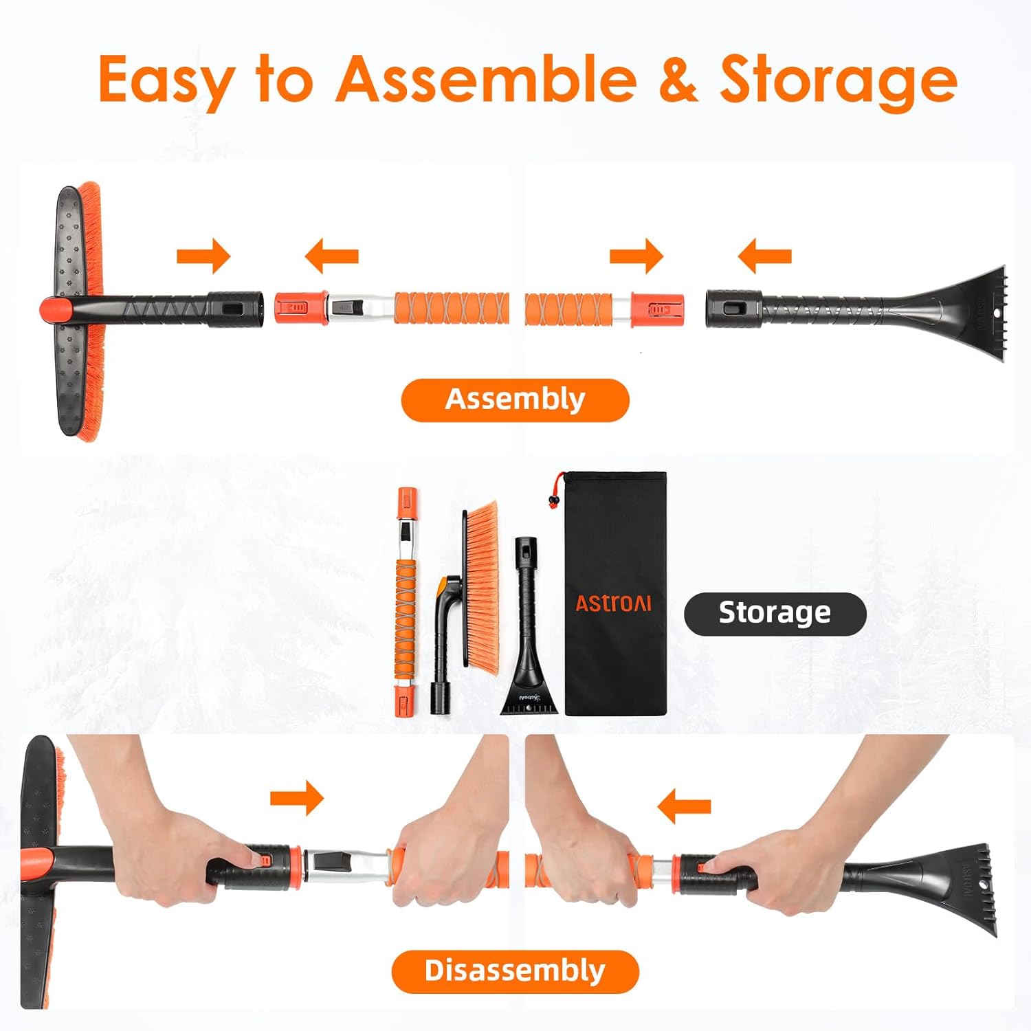 AstroAI Extendable Ice Scraper & Snow Brush – 47.2", Orange