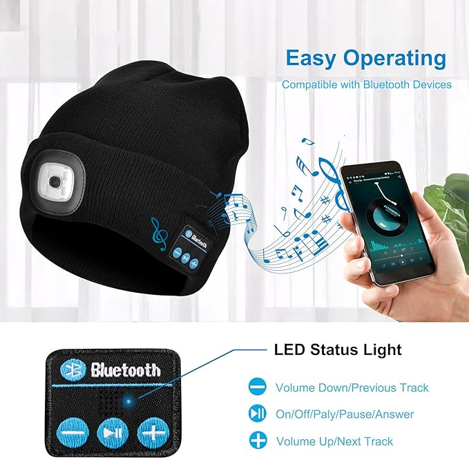 Etsfmoa Unisex Bluetooth Beanie Hat with Light Wireless Headphones