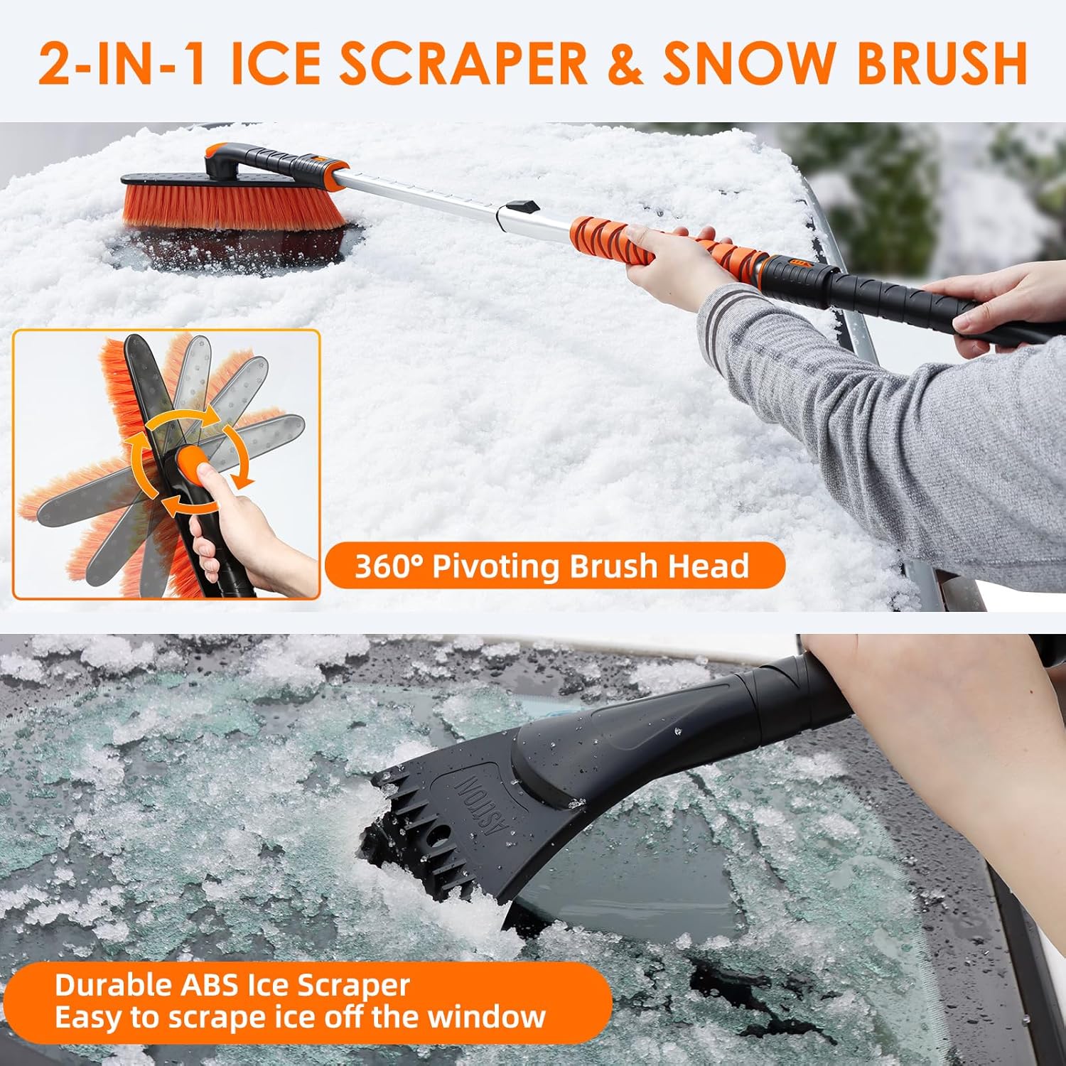 AstroAI Extendable Ice Scraper & Snow Brush – 47.2", Orange