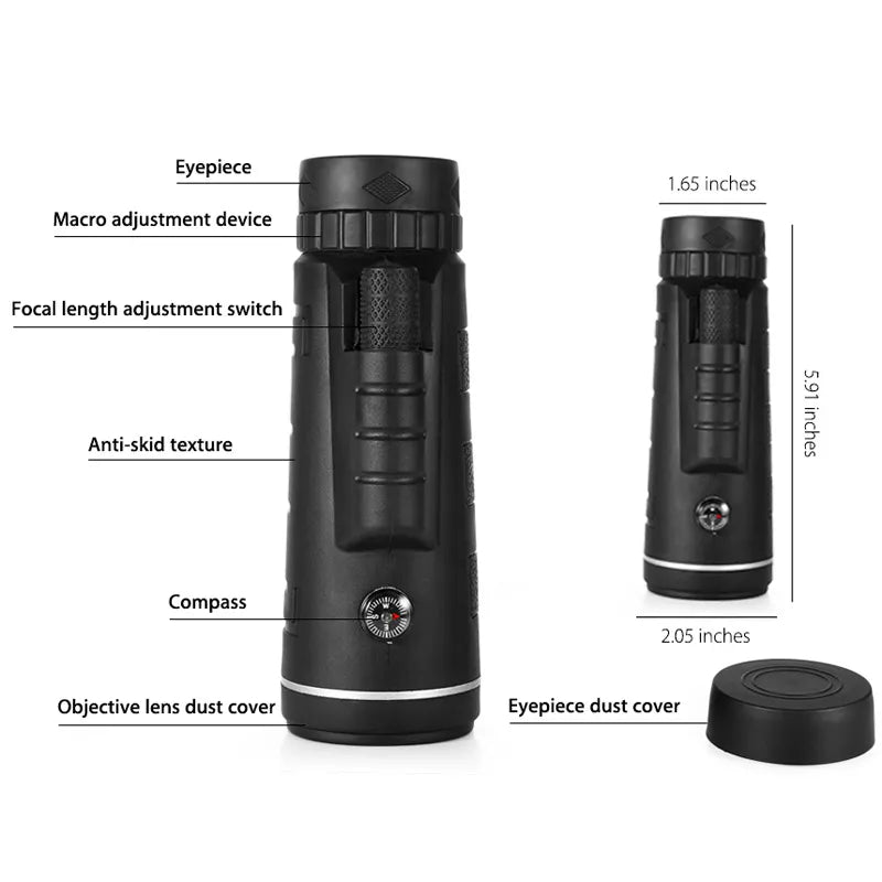 Monocular Zoom Telescope with Compass & Phone Tripod Clip